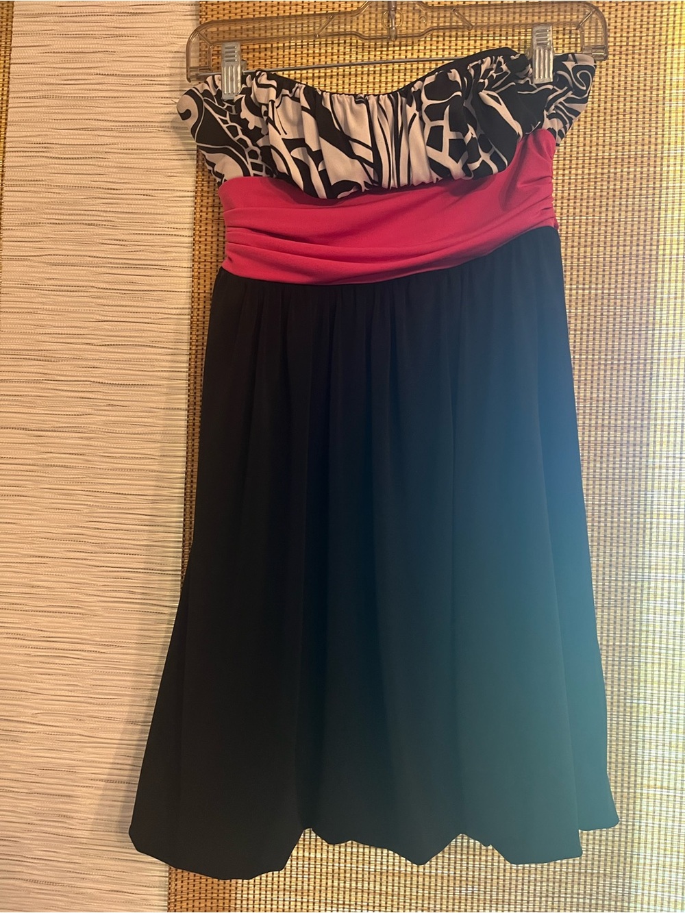 Strapless Black Skirt with Pink Waistband and Black & White Printed Top